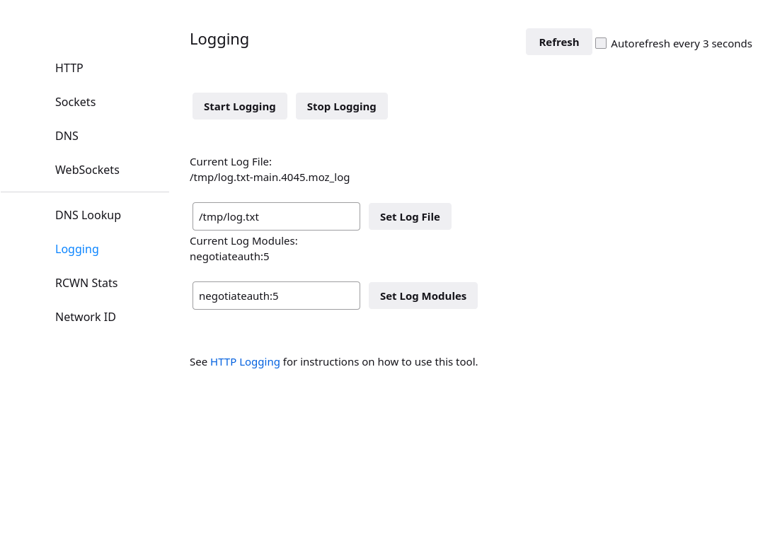 Screenshot for about:networking#logging